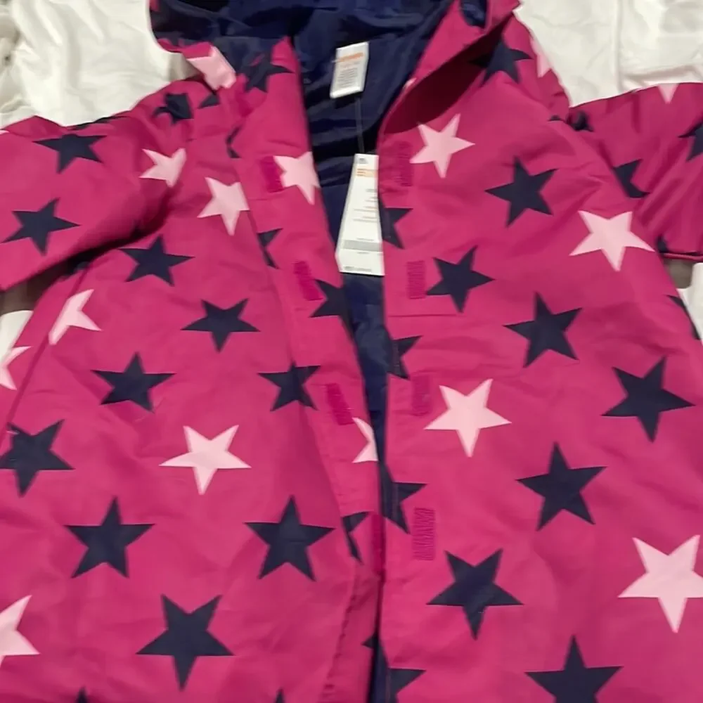 Gymboree S 5/6 lined hot pink star hooded raincoat pockets nwt